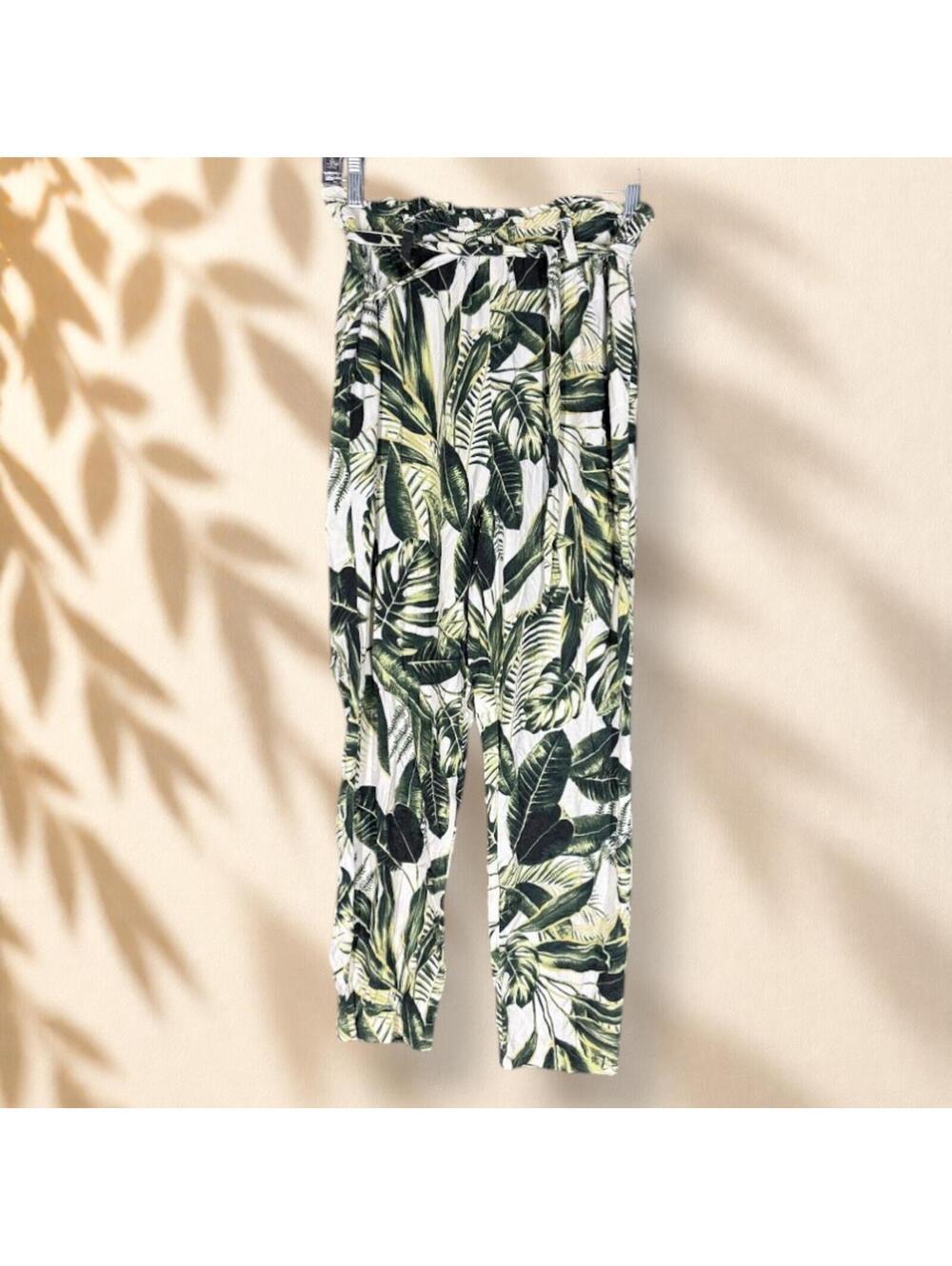 H&M Pants Women 6 White Floral High Rise Pull On Belted Flat Front Pockets